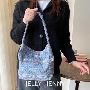 小偷牛仔蓝小众设计单肩包女水桶包托特包编织手提liberty碎花
