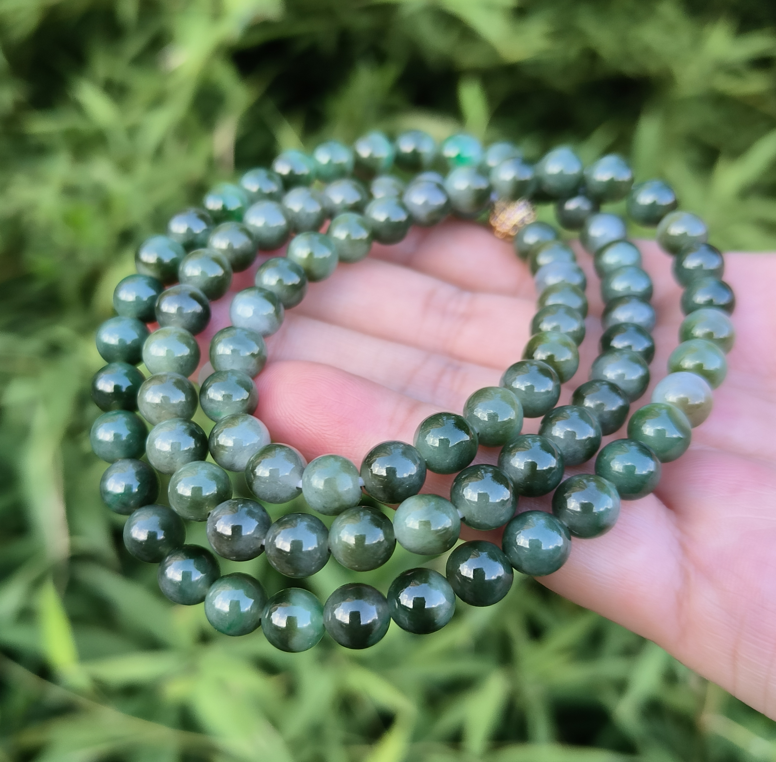 卡7.5mm特色茶绿鸳鸯翡翠项链手链天然缅甸翡翠A货圆珠87颗送证书