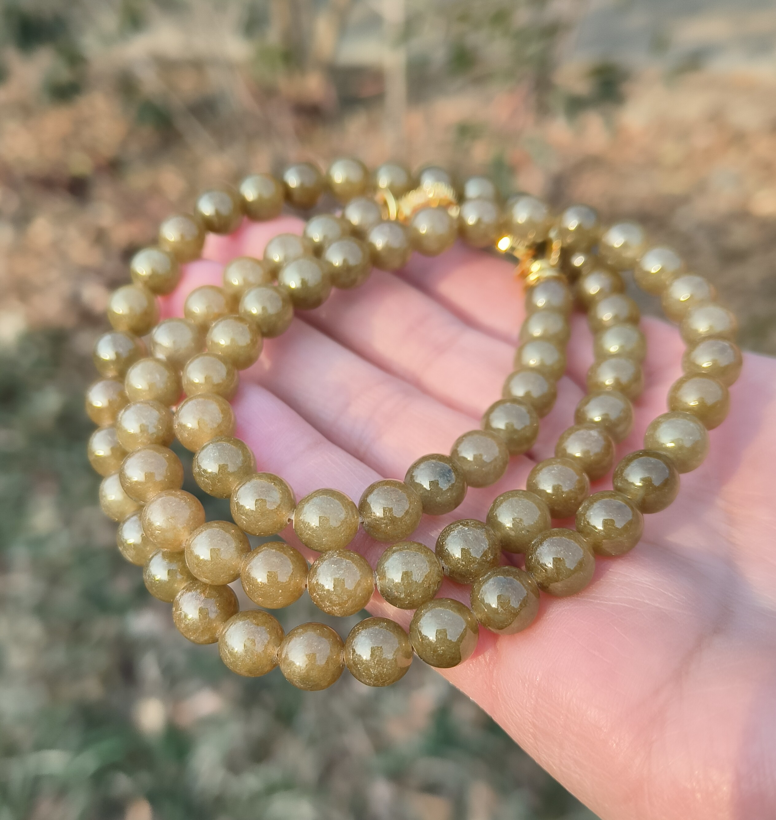 卡7.8mm褐黄色翡翠项链手链纯天然缅甸翡翠A货玉石圆珠80颗送证书