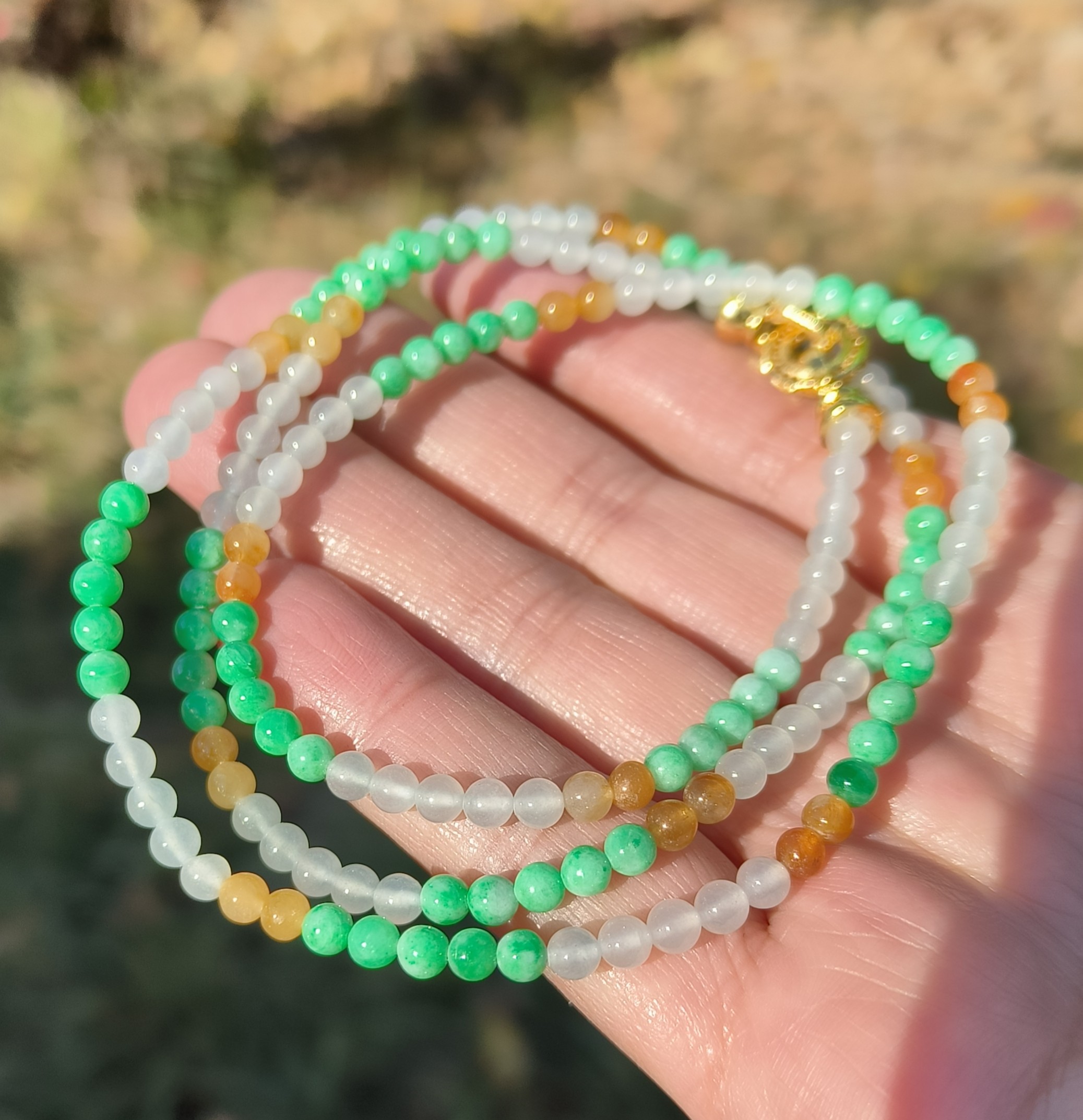 卡3.9mm三彩多宝小米珠项链手链天然缅甸翡翠A货圆珠162颗送证书