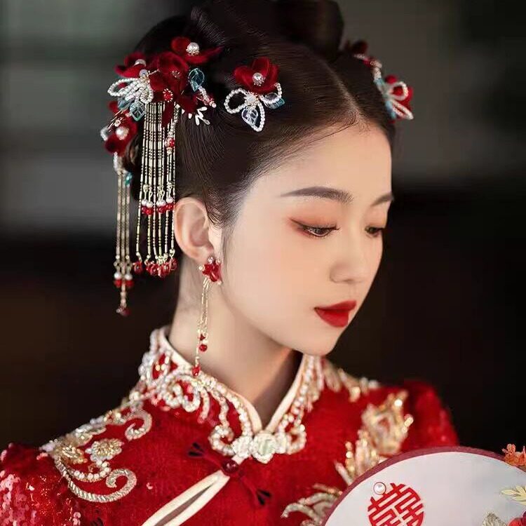 秀禾头饰女新娘结婚敬酒服中式简单大气红色丝绒花秀和服古装发饰