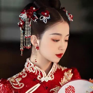 秀禾头饰女新娘结婚敬酒服中式简单大气红色丝绒花秀和服古装发饰