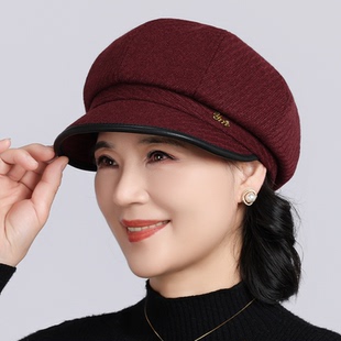 小头围妈妈帽子女冬季中老年人女士春秋鸭舌帽老人奶奶毛呢八角帽