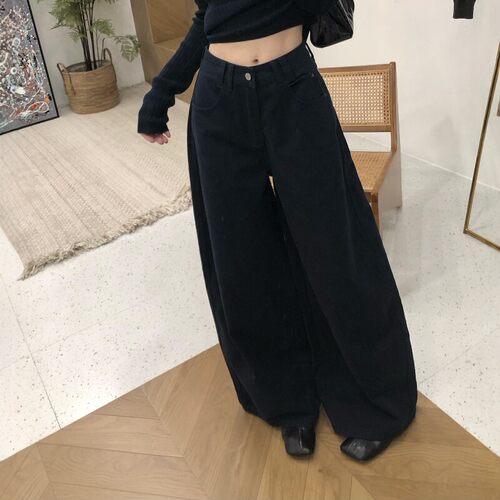墨蓝色弯刀牛仔裤女秋季新款直筒裤大码高腰宽松显瘦复古阔腿裤子