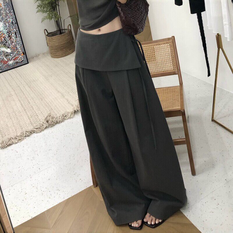 2026春季新款假两件屁帘阔腿裤女韩系叠穿拼接显瘦打褶休闲裤长裤