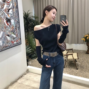 顯瘦短袖 2025秋韓式 套針織上衣女設計感小眾修身 打底衫 復古斜肩袖