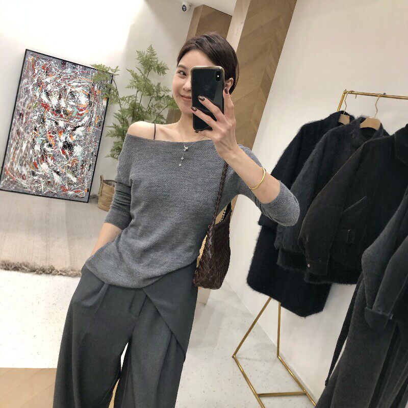 高端扬子纱水波纹100%纯羊毛衫女一字领春秋修身内搭针织毛衣打底