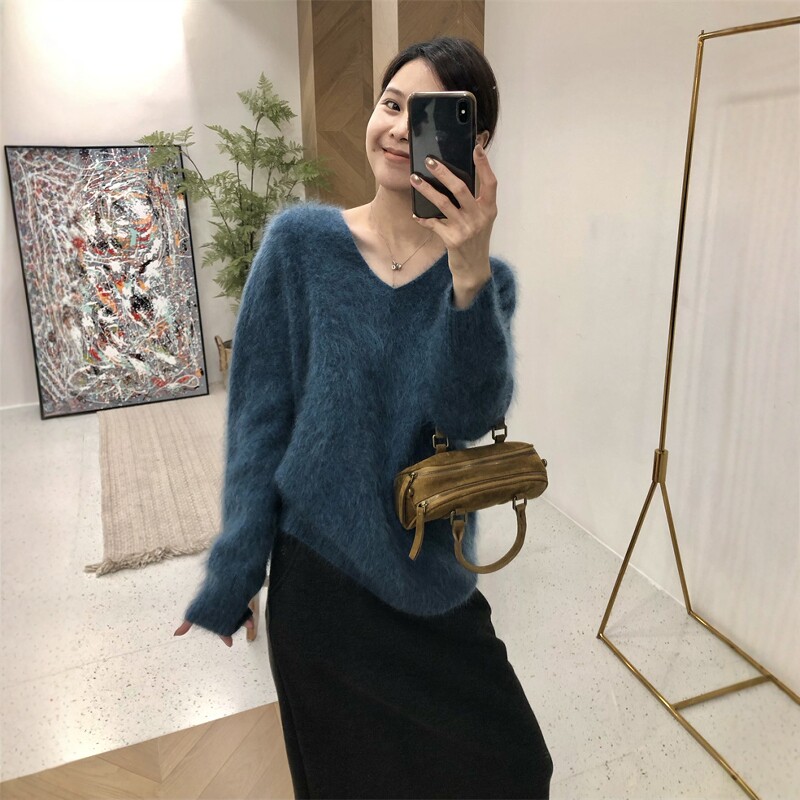 2026秋冬新款V领套头羊毛衫女拉绒毛衣休闲内搭针织衫宽松打底衫