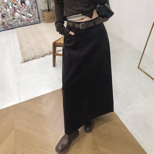 高品质复古咖色开叉灯芯绒半身裙女秋冬新修身A字直筒长裙配腰带