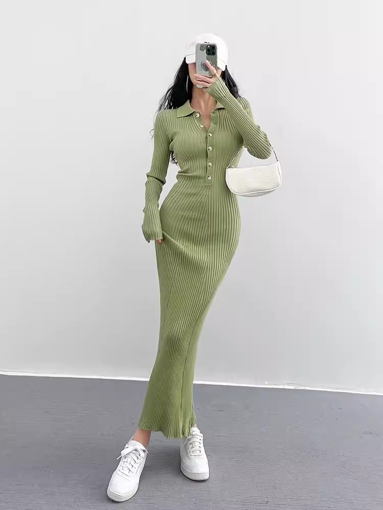 春秋冬长袖针织连衣裙鱼尾紧身