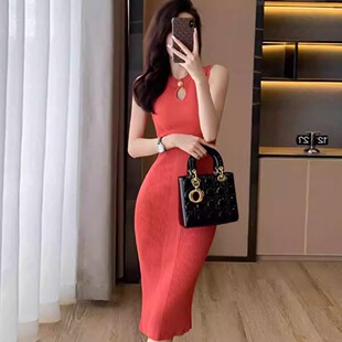 名媛小香风女夏装圆领无袖针织连衣裙修身包臀中长款气质打底裙子
