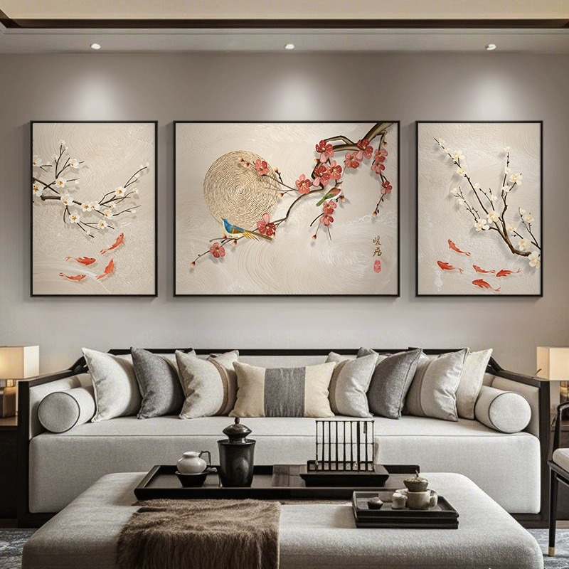 喜上眉梢客厅装饰画三联梅花沙发背景墙挂画寓意好九鱼图中式壁画图片