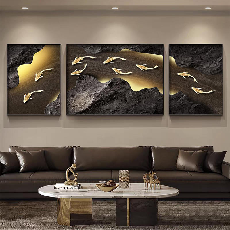 现代轻奢九鱼图高级客厅沙发挂画