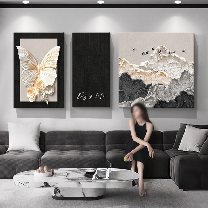 法式中古风客厅装饰画蝴蝶高级感沙发背景墙挂画2025新款风景壁画图片