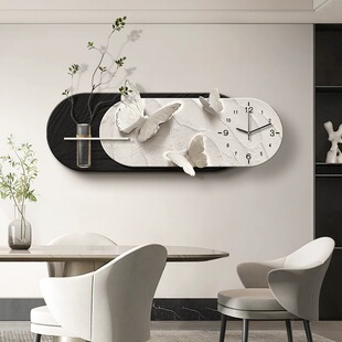 黑白蝴蝶餐厅装饰画现代简约餐桌墙面装饰钟表挂画高级感客厅壁画