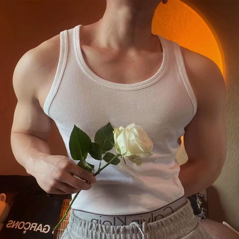 粗螺纹背心男紧身弹性运动圆领