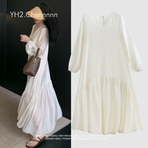 轻盈天丝鱼尾长裙温柔长袖连衣裙