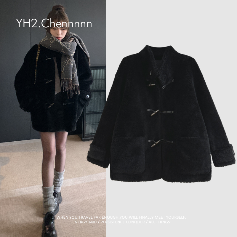 黑色全羊毛皮草外套羊羔皮毛一体