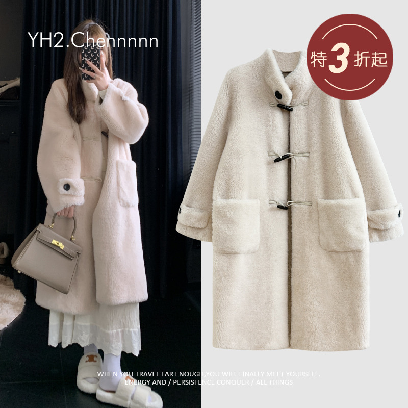 澳毛立领皮毛一体长款羊羔毛外套