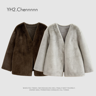 YH2.Chennnnn小宸家高克重欧貂绒环保皮草外套女宽松V领皮毛一体