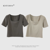 闭眼入系列 短款 显瘦修身 T恤女薄款 上衣 露锁骨方领短袖 小宸家