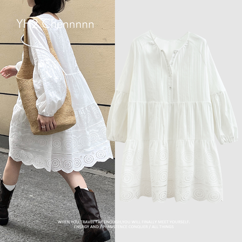 超重工法式刺绣灯笼袖白色连衣裙