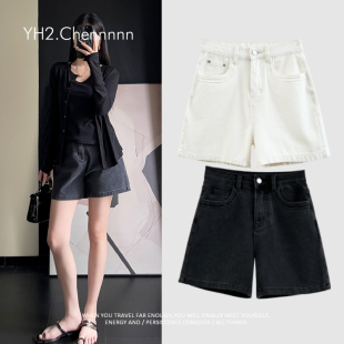 夏 女简约显瘦深灰热裤 YH2.Chennnnn 莱卡四面弹白色高腰牛仔短裤