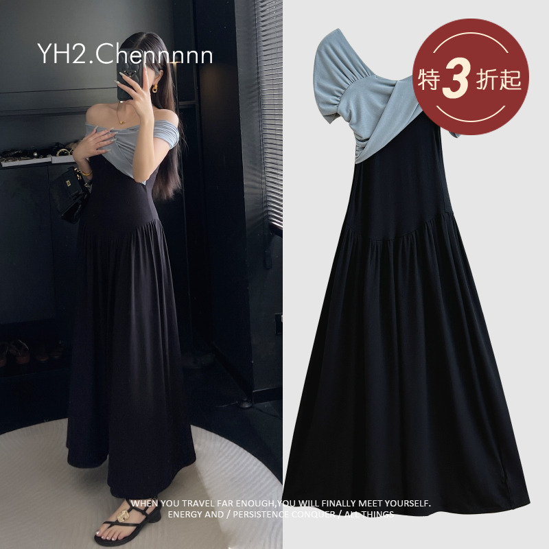 高级感法式一字领收腰大摆连衣裙