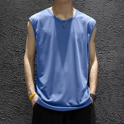 男士圆领无袖背心坎肩冰丝夏季跑步上身冰感运动背心速干无袖t恤