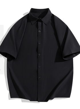 夏季薄款冰丝短袖衬衫男简约黑灰色纯色大码休闲短袖痞帅白色衬衣