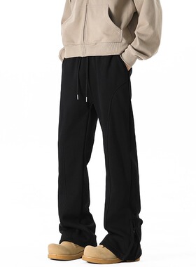 白花灰色弯刀卫裤男款春秋美式侧边拉链微喇裤子直筒斜切休闲长裤