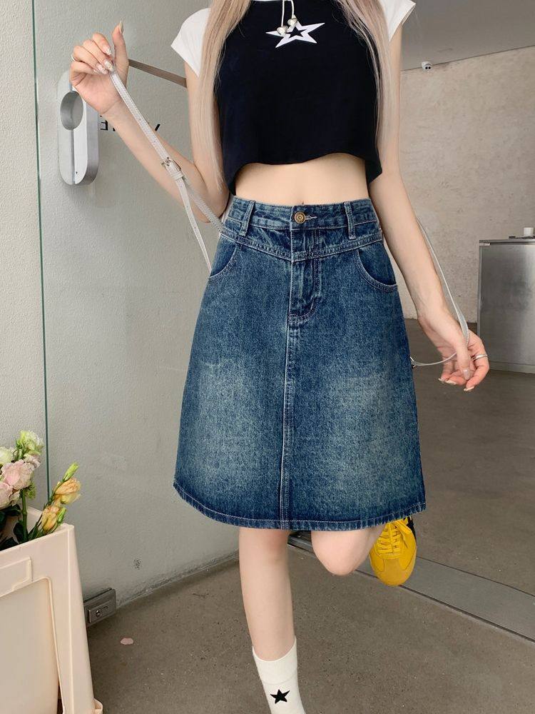 大码复古高腰a字牛仔半身裙女夏季新款胖妹妹高腰遮肚显瘦中长裙