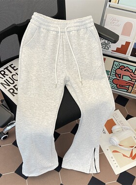 白花灰色弯刀卫裤男款春秋美式侧边拉链微喇裤子直筒斜切休闲长裤
