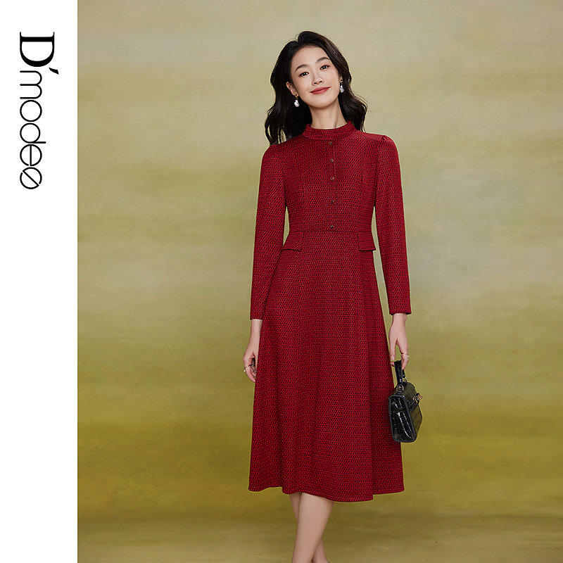 黛玛诗显瘦花裙子秋冬优雅通勤A字裙立领长袖针织连衣裙女红色