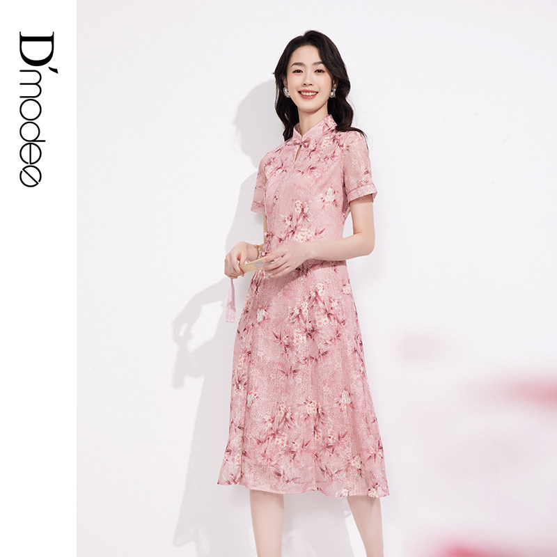 黛玛诗显瘦花裙子夏新款新中式温柔减龄精致蕾丝旗袍连衣裙女短袖