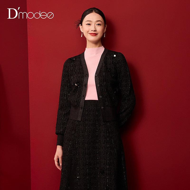 【商场同款】黛玛诗2025冬新款优雅绵羊毛提花针织开衫DK12004254