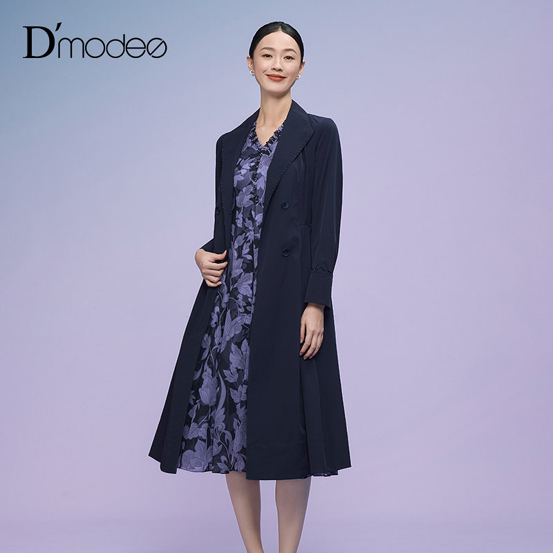 【商场同款】黛玛诗秋西装领复古风衣外套女中长款藏蓝色DC070033