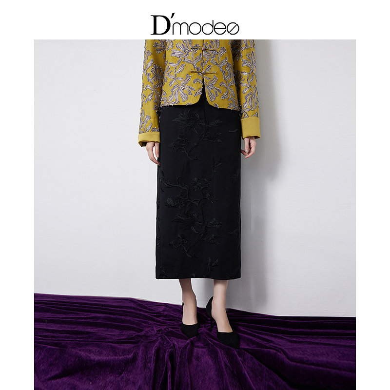 黛玛诗新中式国风提花直筒裙春新款侧开叉高腰包臀半身裙女中长裙,女装/女士精品,半身裙,淘宝优惠券,粉丝福利购,淘宝优惠卷