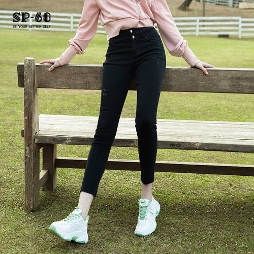 sp68两粒扣猫抓九分新款潮牛仔裤