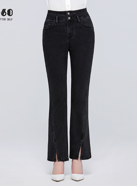 sp68微喇牛仔裤女2024年春季新款中高腰前开叉喇叭裤黑色宽松显瘦