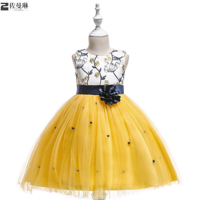 2021新款女童黄色无袖礼服花童婚纱蓬蓬裙公主裙绣花连衣裙表演服