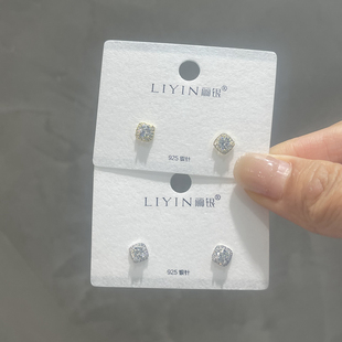 丽银法式精致方形镶钻锆石迷你小耳钉气质百搭925银针~约5.7mm
