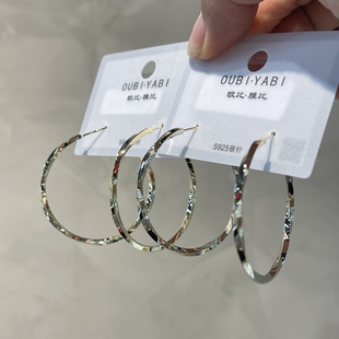 欧比雅比扭花夸张金属大耳圈925银针欧美气质百搭4cm大圆圈耳扣