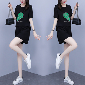 RM10476#夏新款大码女装胖MM休闲时尚洋气宽松显瘦重工镶钻两件套套装