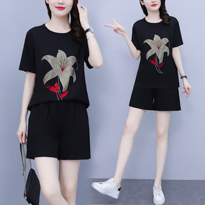 RM10477#夏新款大码女装胖MM烫钻两件套宽松显瘦休闲减龄时尚遮肉套装