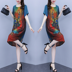RM10470#夏季新款大码女装 胖妈妈时尚减龄宽松显瘦中长连衣裙