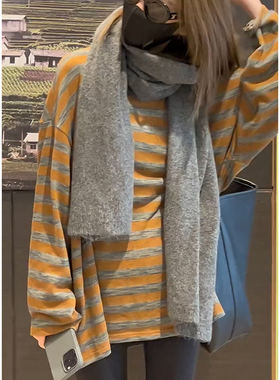 慵懒风条纹套头长袖T恤女复古撞