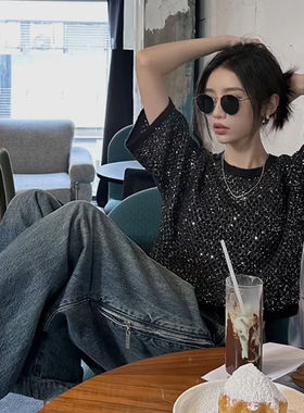 黑色亮片上衣女夏重工珠片闪闪