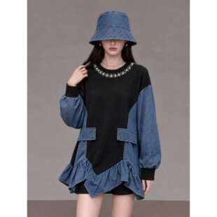 设计感假两件拼接卫衣女秋季新款时尚洋气牛仔荷叶边显瘦时尚上衣