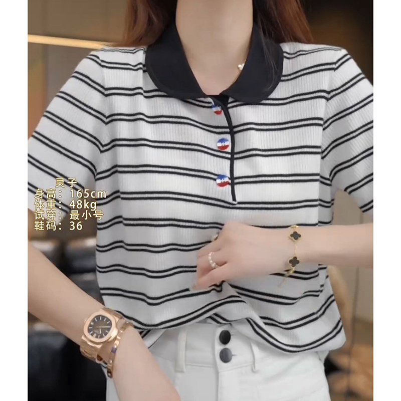 韩系POLO领条纹短袖天丝高级感时尚针织衫女T恤夏季新款韩版上衣